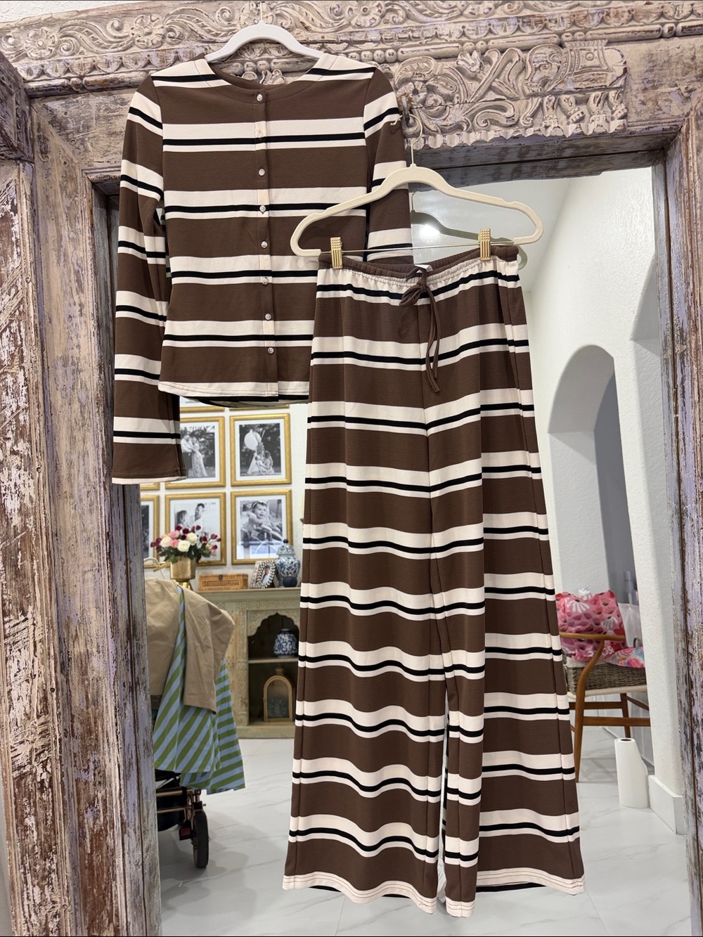 Women's Brown & Cream Striped Wide-Leg Lounge Pants and Button Down Cardigan Set